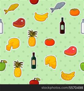 Supermarket foods seamless pattern of fresh and natural vegetables fruits meat and cheese vector illustration