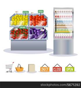 Supermarket fruits and vegetables on shelves set and shopping signs isolated vector illustration