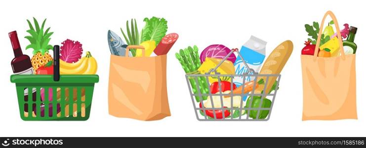 Supermarket grocery bags. Shopping baskets and bags, plastic, paper purchases packages, shopping bags with organic foods vector illustration set. Buying food in market, fruit and vegetable. Supermarket grocery bags. Shopping baskets and bags, plastic, paper purchases packages, shopping bags with organic foods vector illustration set