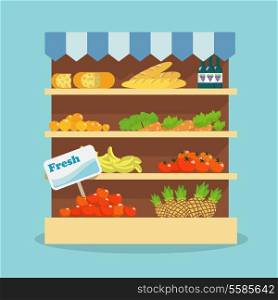 Supermarket grocery shelf layout with fresh fruits, vegetables, bread and wine flat vector illustration