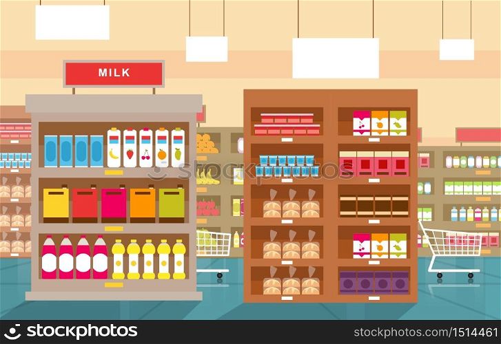 Supermarket Grocery Shelf Store Retail Shop Mall Interior Flat Illustration