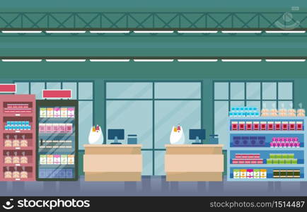 Supermarket Grocery Shelf Store Retail Shop Mall Interior Flat Illustration