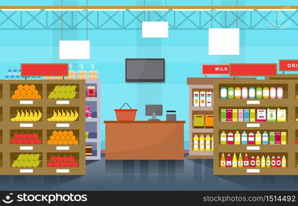 Supermarket Grocery Shelf Store Retail Shop Mall Interior Flat Illustration