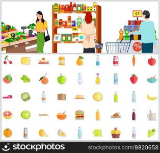 Supermarket, grocery store and different types of food, dishes. Hypermarket for selling groceries. People make purchases, choose goods, buy products in shop near healthy food icons vector illustration. People make purchases, choose goods, buy products in shop near healthy food, drinks icons