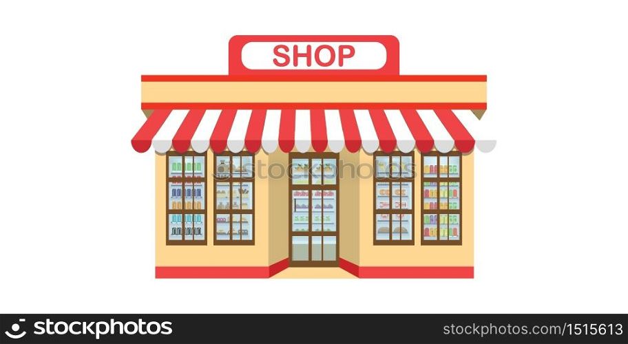 Supermarket grocery store icon isolated on white. Supermarket building and interior with fresh food on shelves and counter cashier, Flat vector illustration.