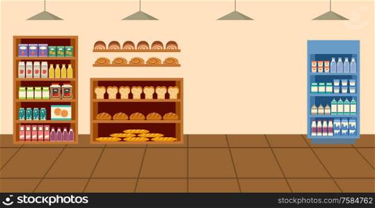 Supermarket. Grocery store. Interior cartoon with showcase of food products, dairy, drinks, bread. Vector flat illustration