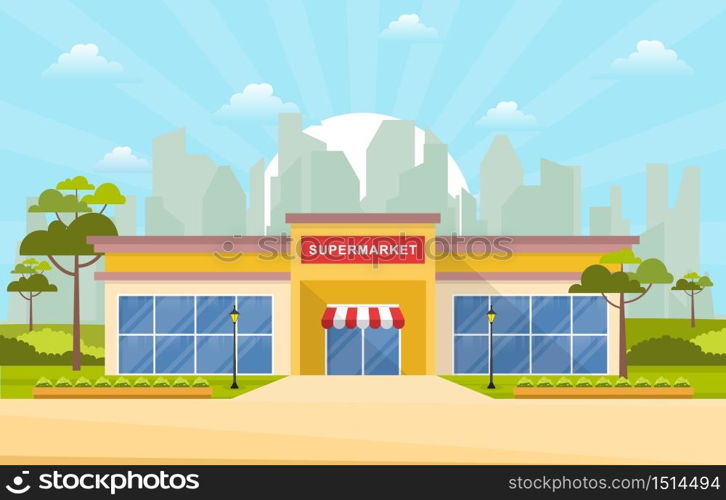 Supermarket Grocery Store Retail Shop Mall City Building Flat Illustration