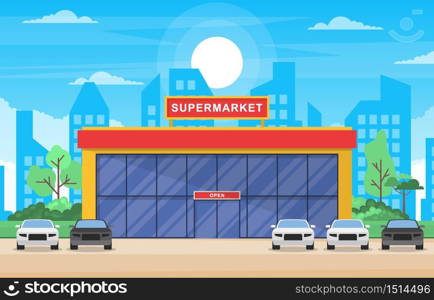 Supermarket Grocery Store Retail Shop Mall City Building Flat Illustration