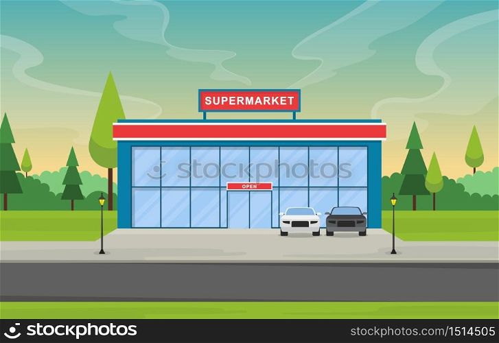 Supermarket Grocery Store Retail Shop Mall City Building Flat Illustration