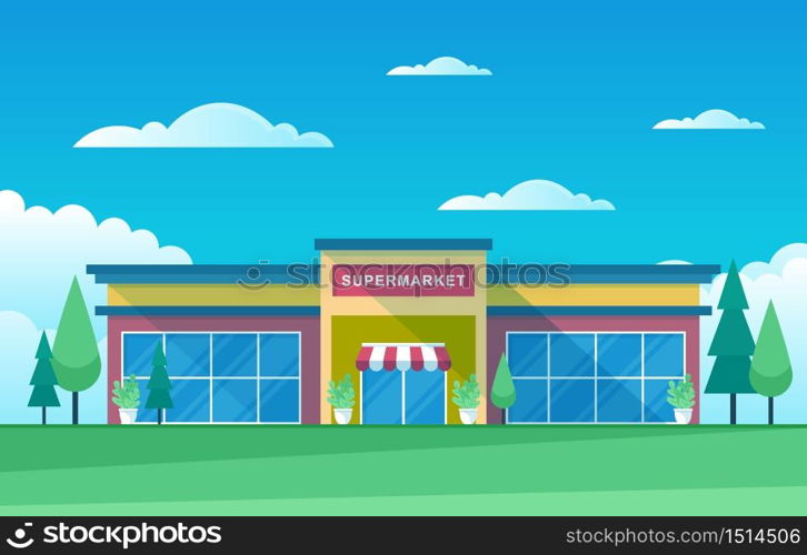 Supermarket Grocery Store Retail Shop Mall City Building Flat Illustration