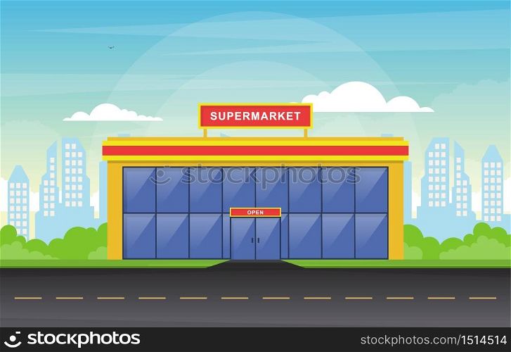 Supermarket Grocery Store Retail Shop Mall City Building Flat Illustration