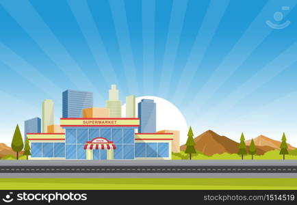 Supermarket Grocery Store Retail Shop Mall City Building Flat Illustration