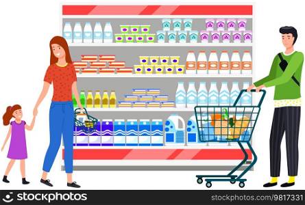 Supermarket, grocery store with food on shelves. Sale, discounts in food store. Shop in mall for selling groceries. People make purchases, choose goods, buy products in supermarket vector illustration. People make purchases, choose goods, buy products in supermarket, grocery store, shop with food