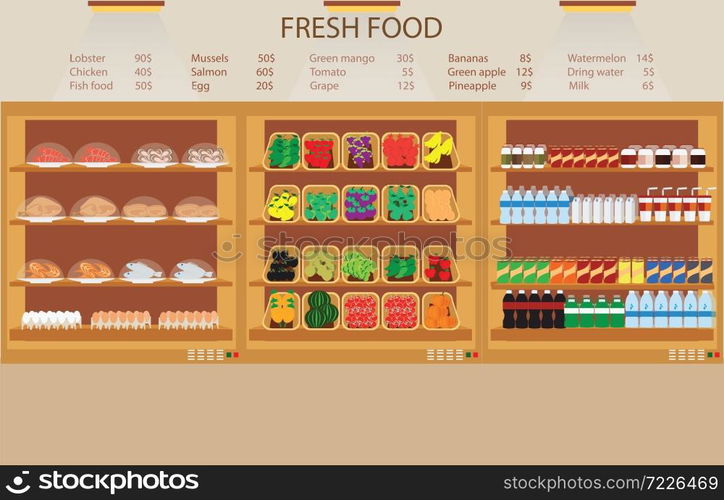 Supermarket grocery store with fresh food, fruits, vegetables, beverage, vector illustration.