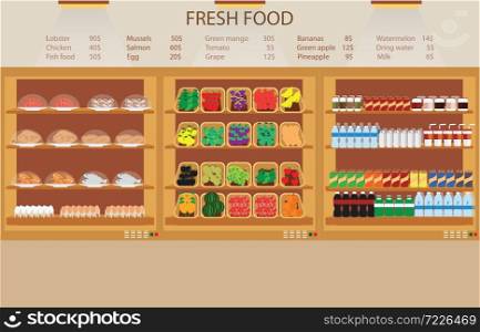 Supermarket grocery store with fresh food, fruits, vegetables, beverage, vector illustration.