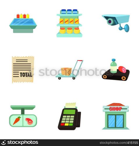 Supermarket icons set. Cartoon illustration of 9 supermarket vector icons for web. Supermarket icons set, cartoon style