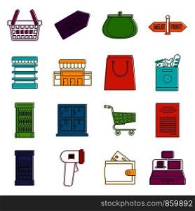 Supermarket icons set. Doodle illustration of vector icons isolated on white background for any web design. Supermarket icons doodle set