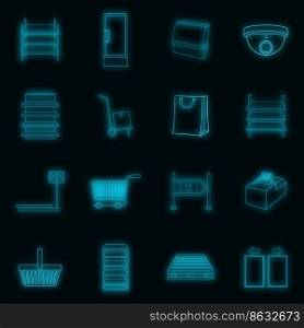 Supermarket icons set. Illustration of 16 supermarket vector icons neon color on black. Supermarket icons set vector neon