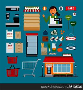 Supermarket icons. Store and shopping shelves, cart and basket. Supermarket icons