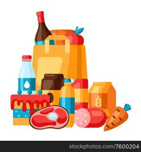 Supermarket illustration of food and package. Grocery background in flat style.. Supermarket illustration of food and package.