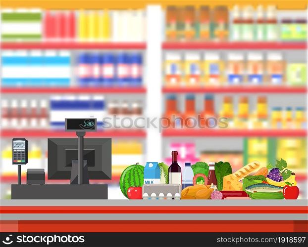 Supermarket interior. Cashier counter workplace. Food and drinks. Shelves with products. Cash register, pos terminal and keypad. Vector illustration in flat style. Supermarket interior. Cashier counter workplace.