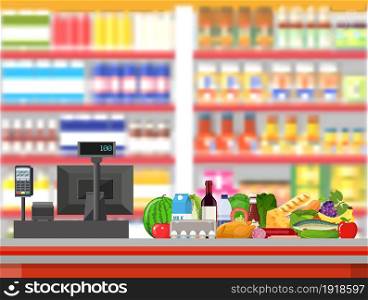 Supermarket interior. Cashier counter workplace. Food and drinks. Shelves with products. Cash register, pos terminal and keypad. Vector illustration in flat style. Supermarket interior. Cashier counter workplace.