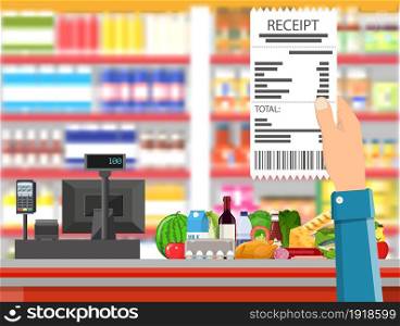 Supermarket interior. Cashier counter workplace. Hand with receipt. Basket with food and drinks. Shelves with products. Cash register, pos terminal and keypad. Vector illustration in flat style. Supermarket interior. Cashier counter workplace.