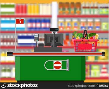 Supermarket interior. Cashier counter workplace. Shopping basket with food and drinks. Shelves with products. Cash register, pos terminal and keypad. Vector illustration in flat style. Supermarket interior. Cashier counter workplace.