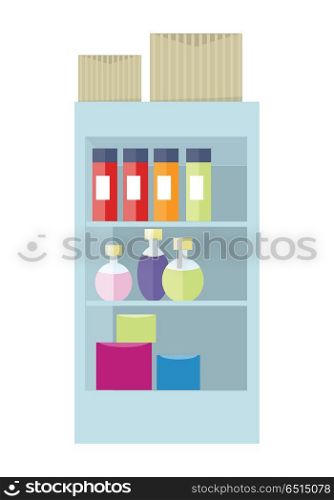 Supermarket Interior. Cosmetic Accessories, Boxes.. Supermarket interior. Shelf with cosmetic accessories and boxes. Showcase with perfumes in flat design style isolated on white. General store. Part of series of shop equipment. Vector illustration