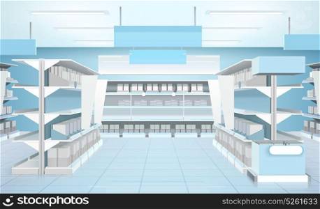 Supermarket Interior Design Composition. Supermarket interior design composition with shelves and cold refrigerated counter with beverage drinks in carton package vector illustration