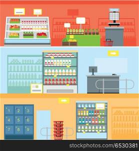 Supermarket Interior Design. Supermarkets and grocery stores. Retail shop for buy product on shelf, purchase and department food, sale and cart with variety food, interior hypermarket section marketplace. Vector illustration