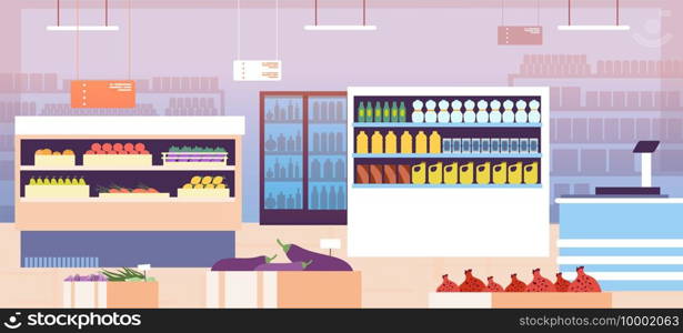 Supermarket interior. Empty shopping retail hall with food on shelves and refrigerator. Consumerism in grocery store vector concept. Hall interior retail with food for shopping illustration. Supermarket interior. Empty shopping retail hall with food on shelves and refrigerator. Consumerism in grocery store vector concept