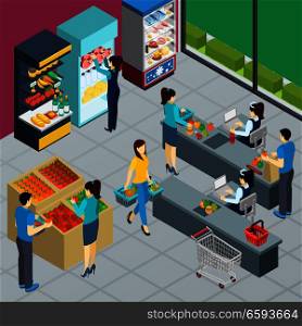 Supermarket interior isometric poster with people shopping in grocery store working merchandiser and cashiers vector illustration . Grocery Store Isometric Poster