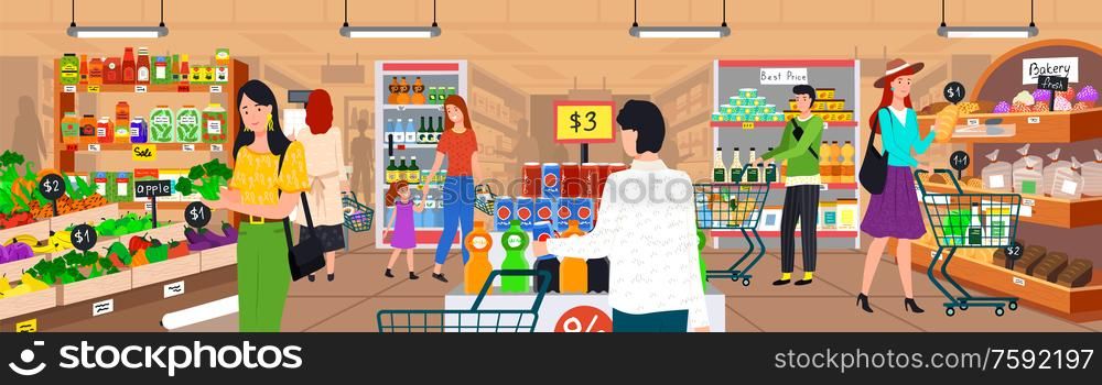 Supermarket interior vector, vegetables and bakery store, veggie and sweets hypermarket with products, grocery. Man with shopping cart trolley purchase. Supermarket People, Shopping Vegetables Store