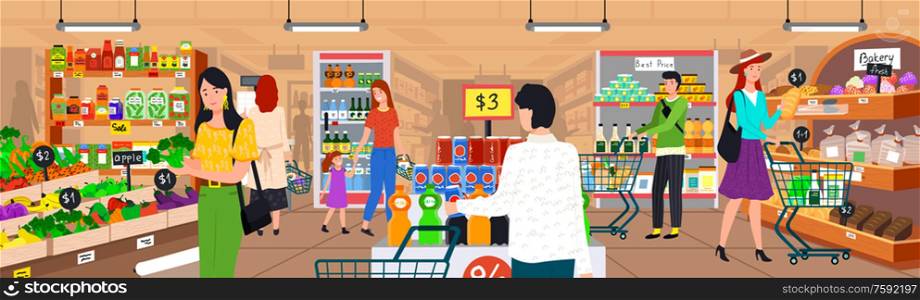Supermarket interior vector, vegetables and bakery store, veggie and sweets hypermarket with products, grocery. Man with shopping cart trolley purchase. Supermarket People, Shopping Vegetables Store