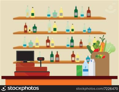 Supermarket interior with Cashier counter workplace, Shopping paper bag with food and drinks, shelves with products on blur background, Vector illustration.