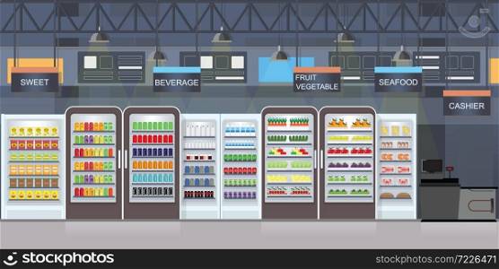 Supermarket interior with goods on shelves and counter cashier, big shopping mall vector illustration.