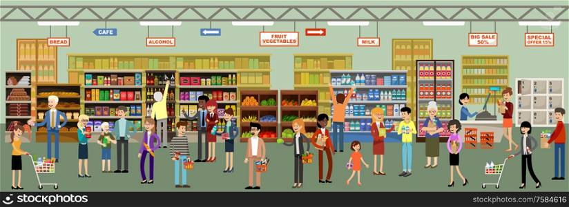 Supermarket interior with people. Vector illustration
