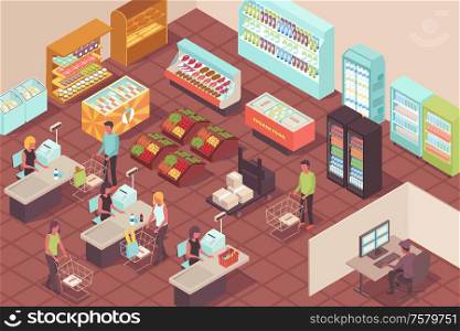 Supermarket isometric background with buyers paying for their purchases at checkout vector illustration
