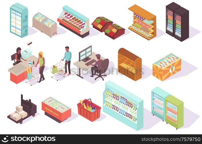 Supermarket isometric collection with isolated images of store freezers racks with shadows and characters of customers vector illustration