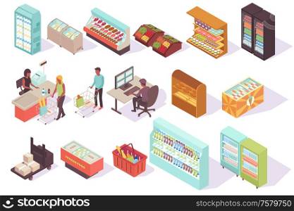 Supermarket isometric collection with isolated images of store freezers racks with shadows and characters of customers vector illustration