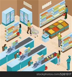Supermarket Isometric Design Concept. Supermarket isometric design concept with shelves filled by products buyers and cashiers vector illustration
