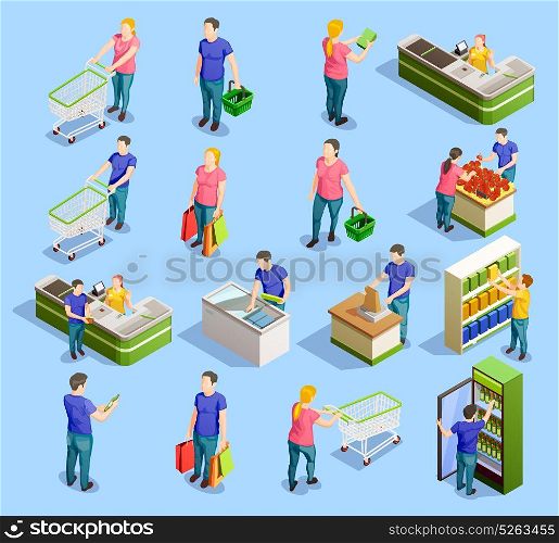 Supermarket Isometric Elements Collection. Isometric people shopping set of isolated human characters with trolley carts cabinet shelves and checkout stand vector illustration