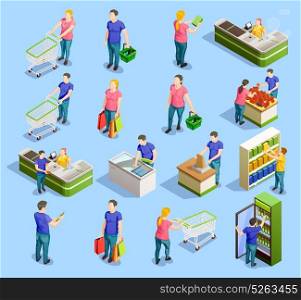 Supermarket Isometric Elements Collection. Isometric people shopping set of isolated human characters with trolley carts cabinet shelves and checkout stand vector illustration
