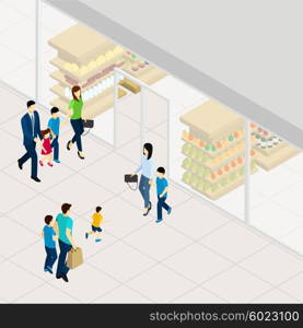 Supermarket Isometric Illustration . Supermarket with food drinks and other goods isometric vector illustration