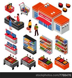 Supermarket isometric set with food and electronics symbols isolated vector illustration. Supermarket Isometric Set