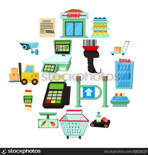 Supermarket items icons set. Cartoon illustration of 16 supermarket items vector icons for web. Supermarket items icons set, cartoon style