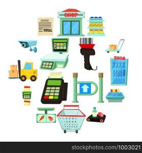 Supermarket items icons set. Cartoon illustration of 16 supermarket items vector icons for web. Supermarket items icons set, cartoon style