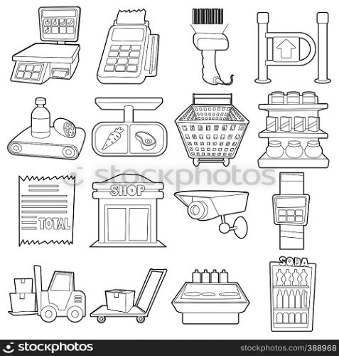 Supermarket items icons set. Outline cartoon illustration of 16 supermarket items vector icons for web. Supermarket items icons set, outline cartoon style