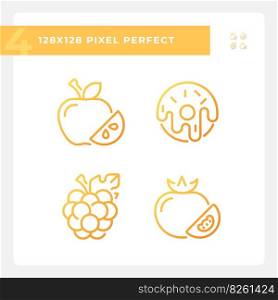 Supermarket items pixel perfect gradient linear vector icons set. Eating habits. Grocery list. Vegetarian food. Thin line contour symbol designs bundle. Isolated outline illustrations collection. Supermarket items pixel perfect gradient linear vector icons set